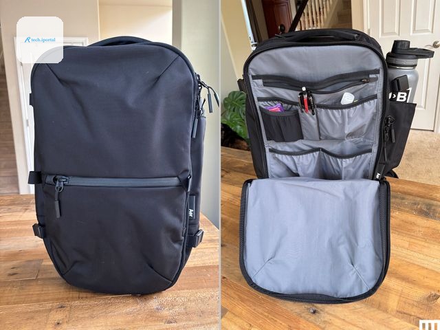 Aer Travel Pack 3, a black rectangular backpack shown closed on the left and zippered open on the right