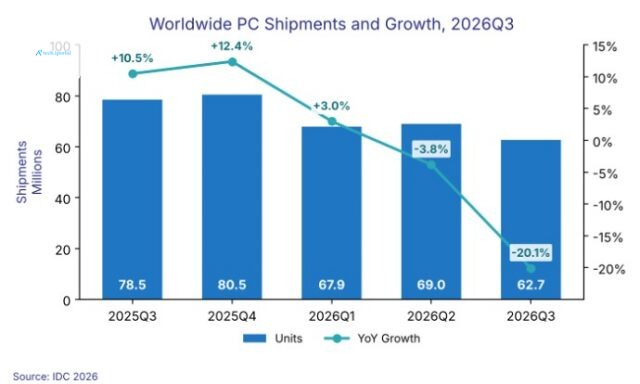 Wordwide PC Shipments and Growth, 2026Q3 bar graph
