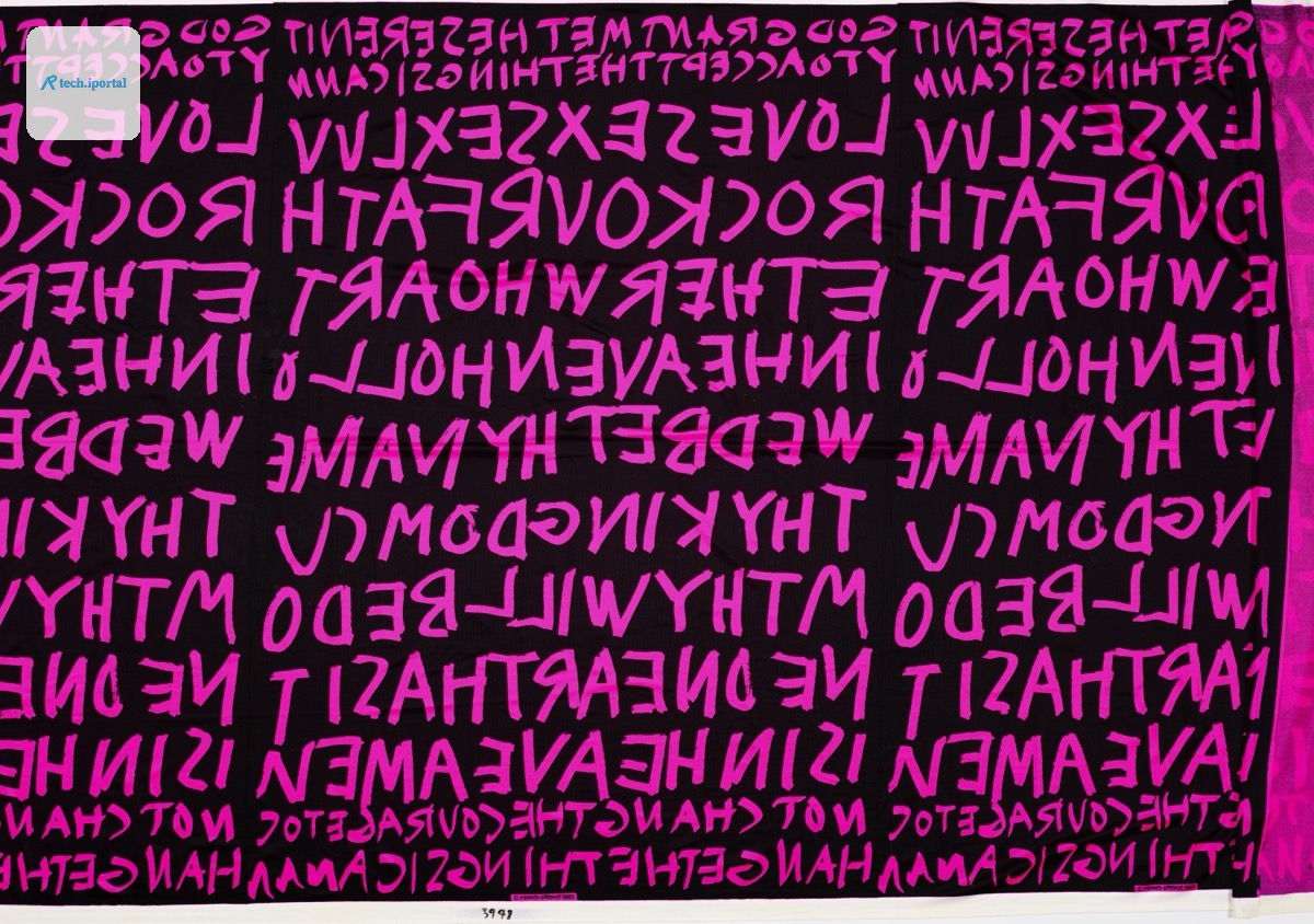 A swath of spandex fabric with DayGlo pink graffiti designed by Stephen Sprouse.