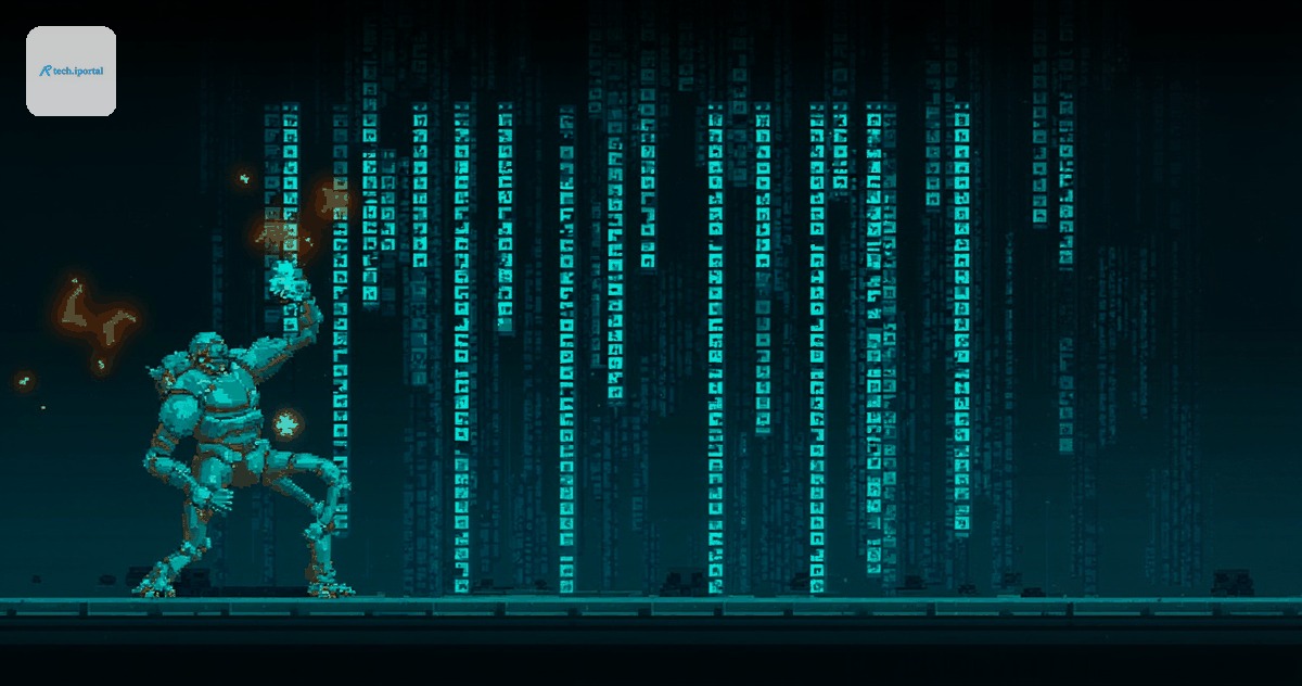 Illustration: a robot straining to push an enormous wall of glowing data columns.