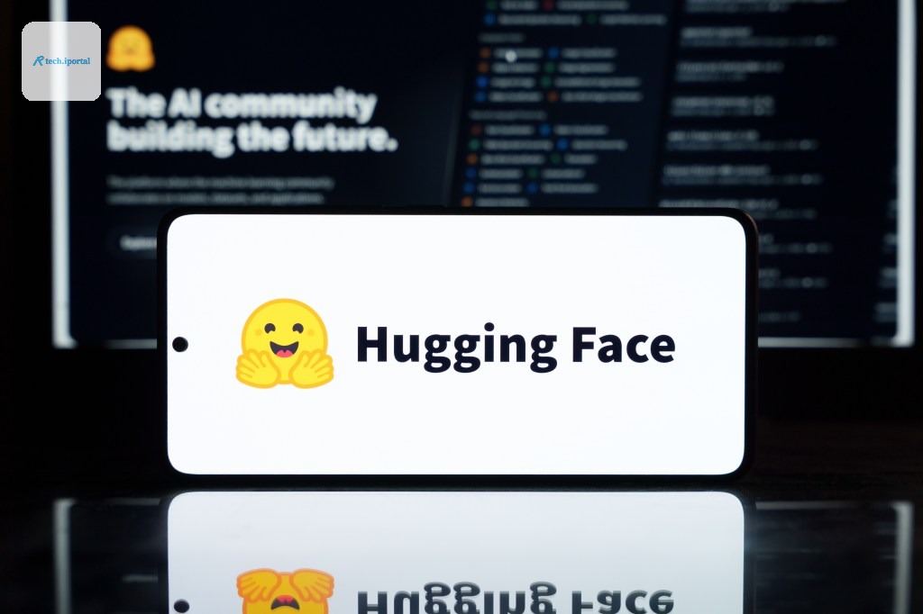 Hugging Face AI logo with a smiling face icon on a smartphone screen.