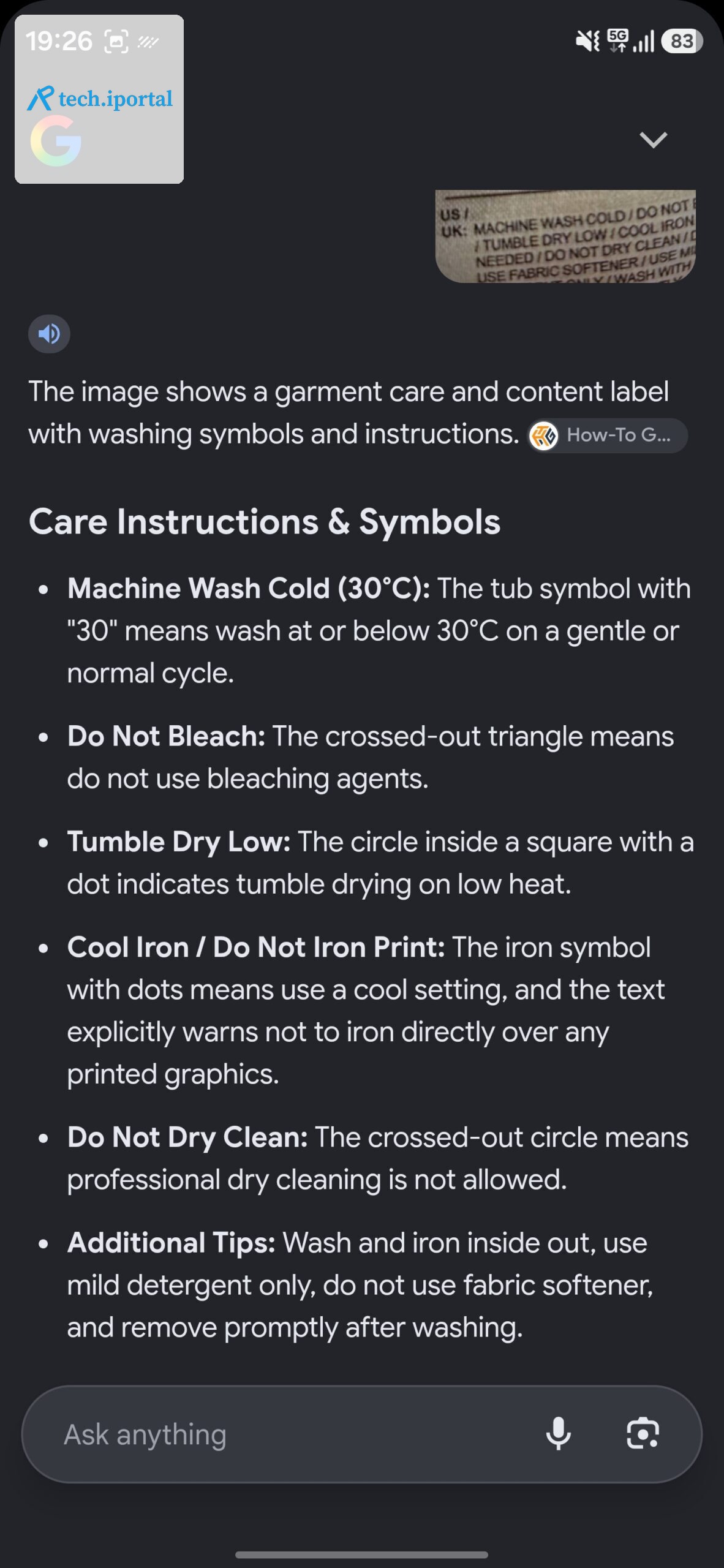 Google Lens' response to a laundry tag's symbols.