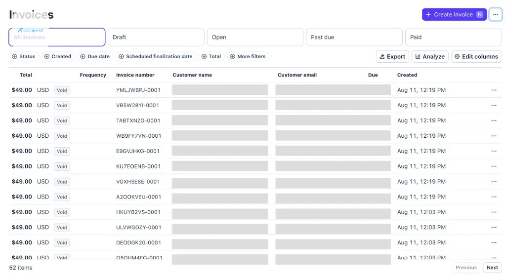 Stripe Invoices dashboard showing dozens of voided $49 CodeProbe invoices