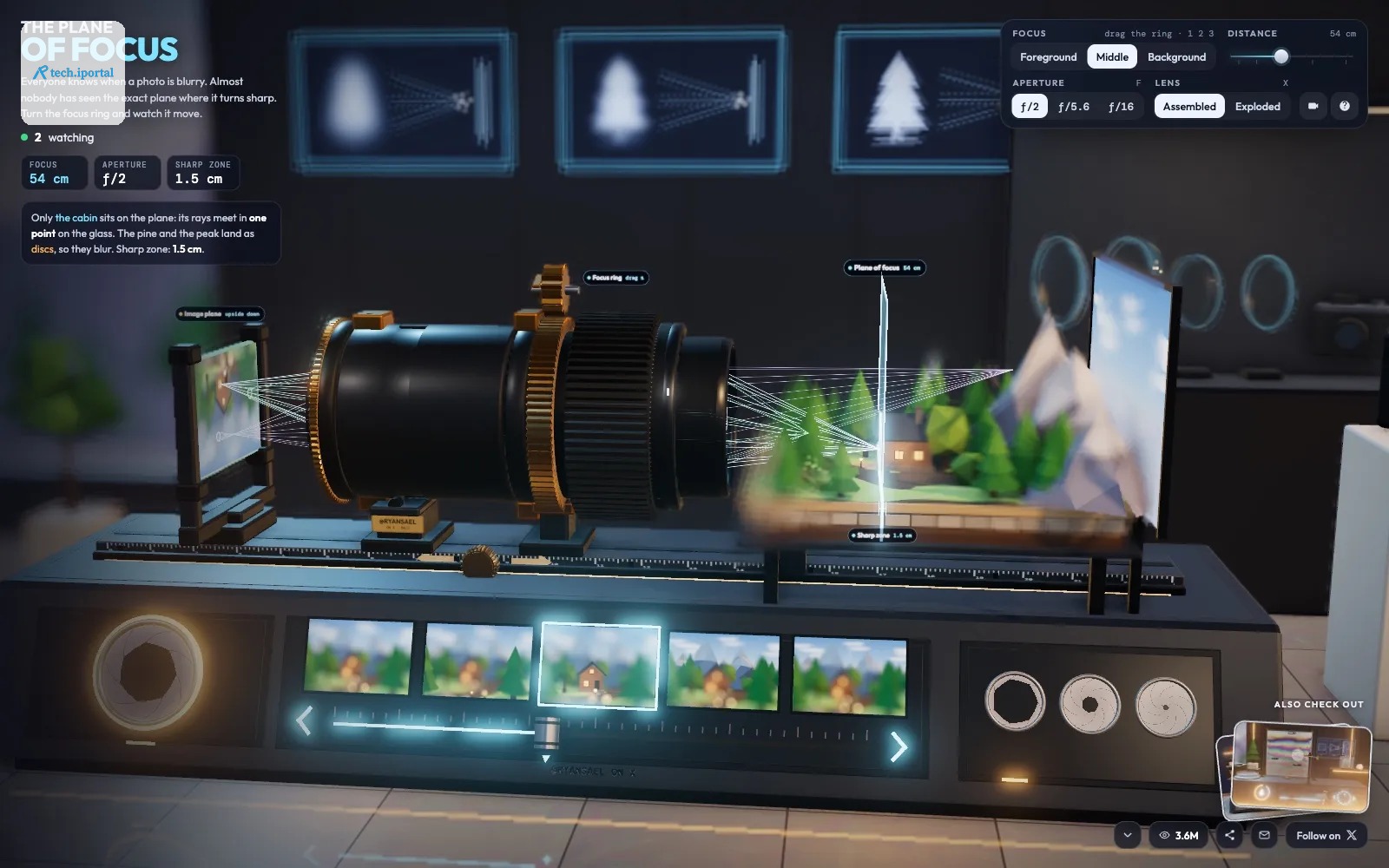 Lens lab by Opus 5.5: a 3D camera lens on an optical bench, showing the plane of focus