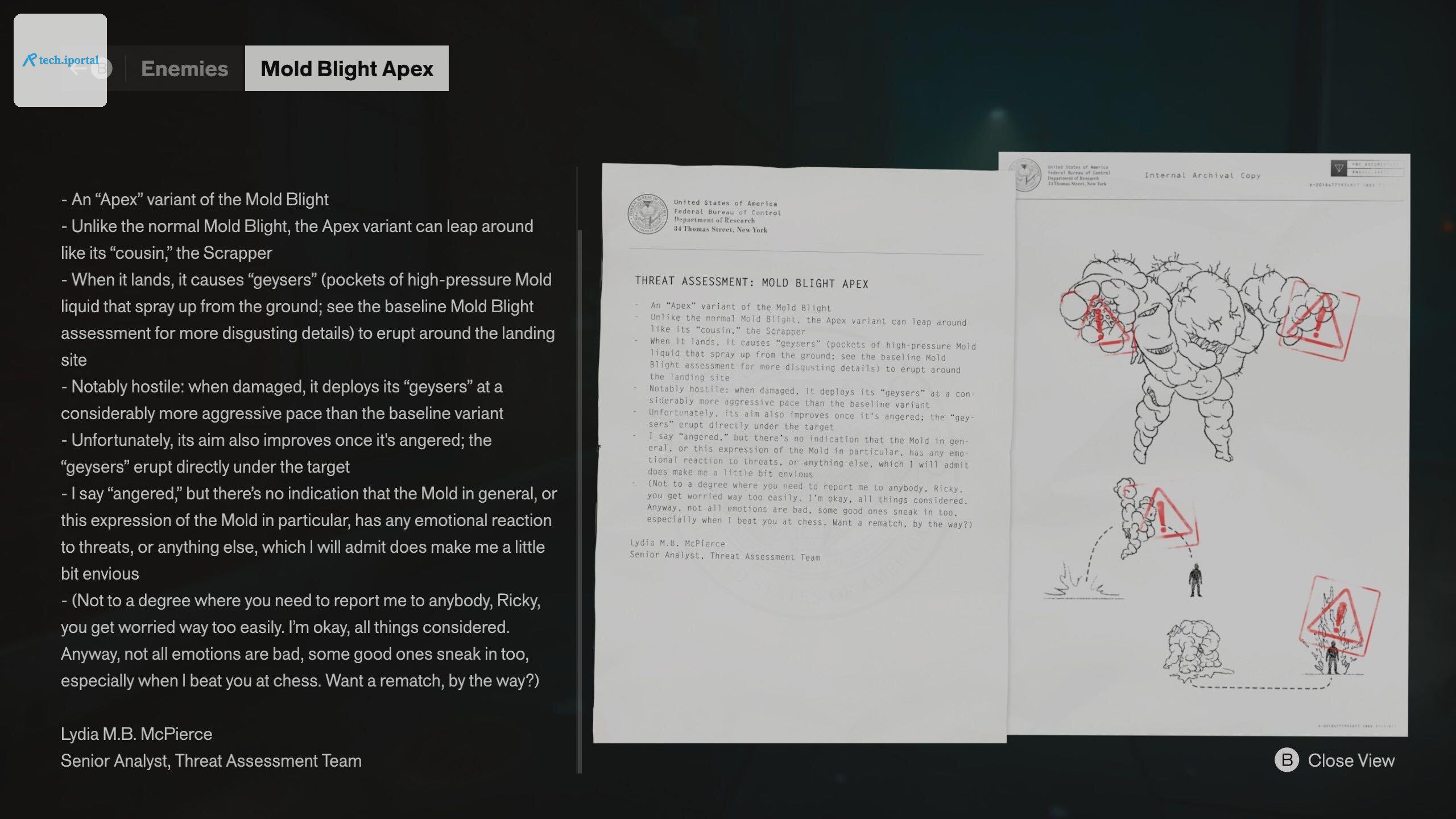 An official-looking document about the Mold Blight Apex enemy in Control Resonant. The author sassily describes the enemy’s “geysers” of mold spores and refers to another document “for more disgusting