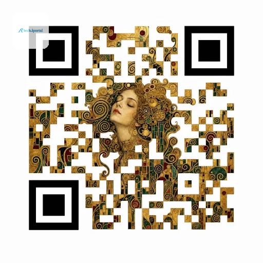 AI-generated golden mosaic QR code in the style of Gustav Klimt, Klimt Gold template