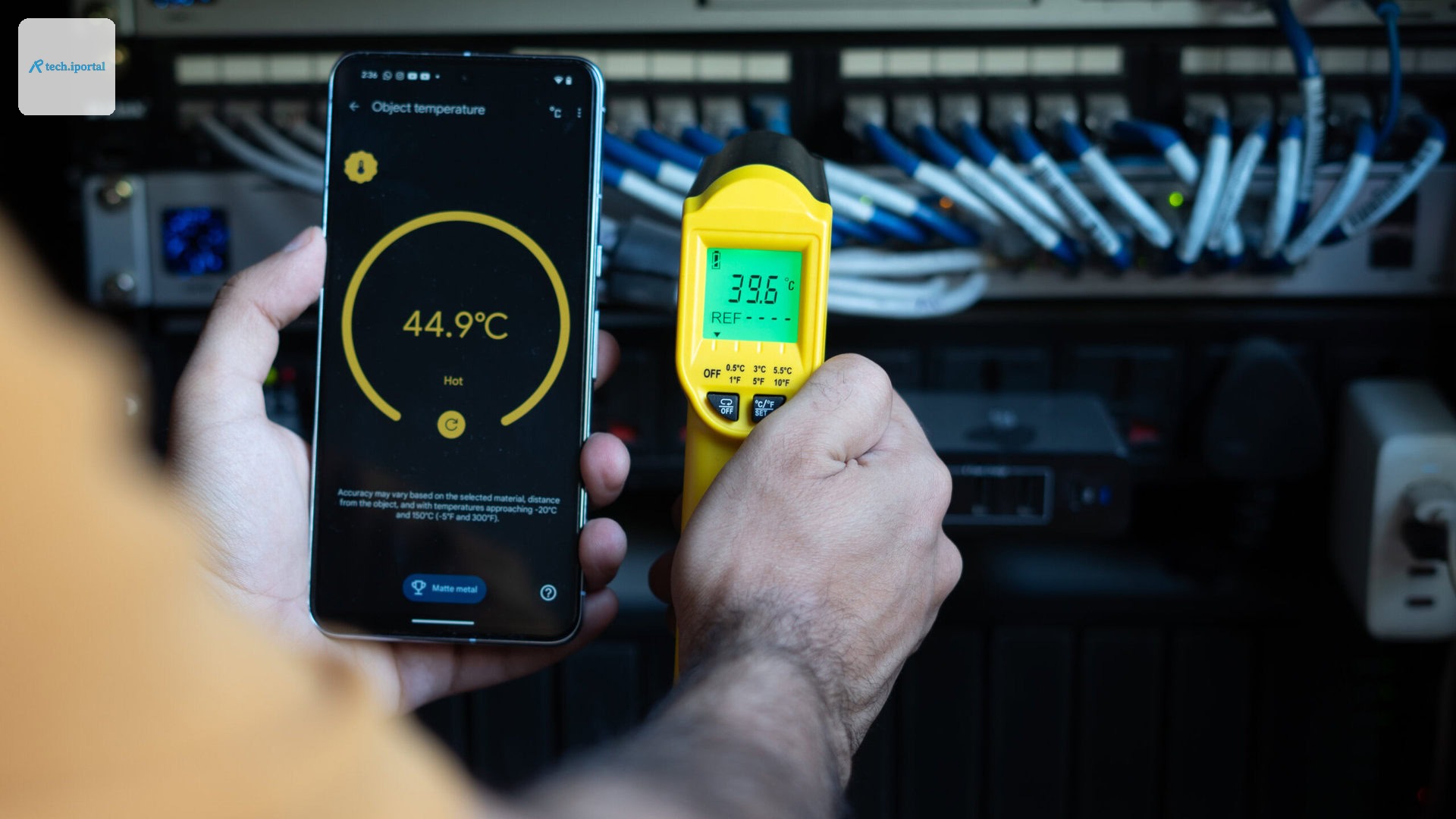 Pixel 8 Pro vs Stanley IR Thermometer measuring network rack temperature