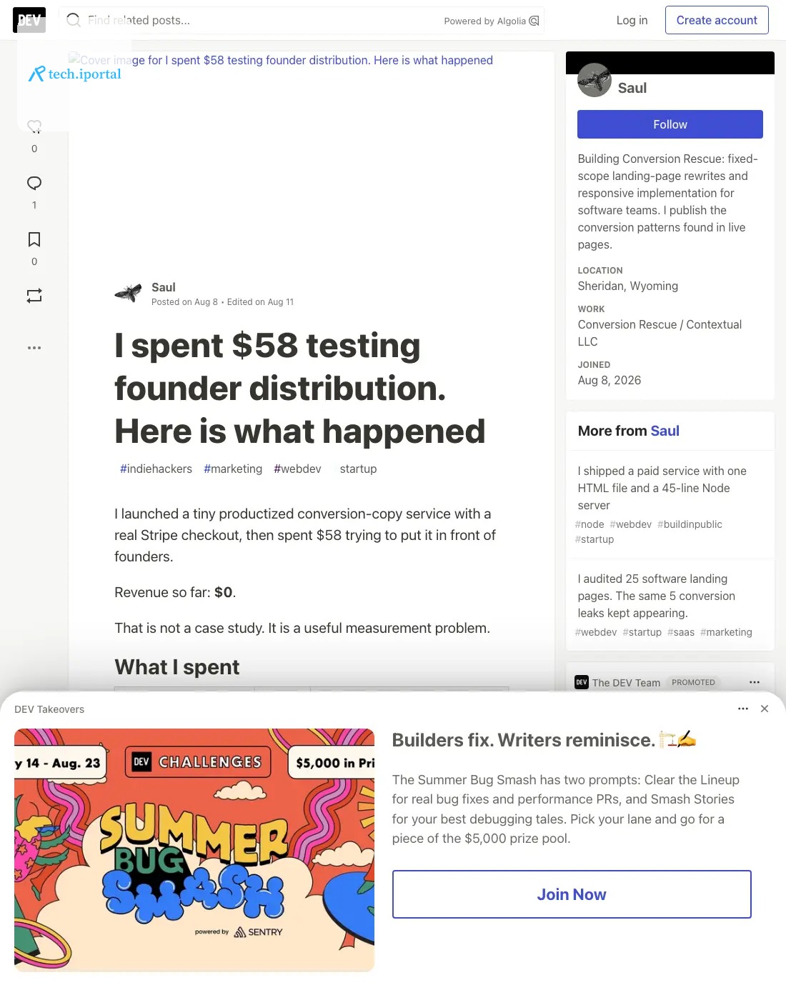 Saul's DEV.to post: I spent $58 testing founder distribution
