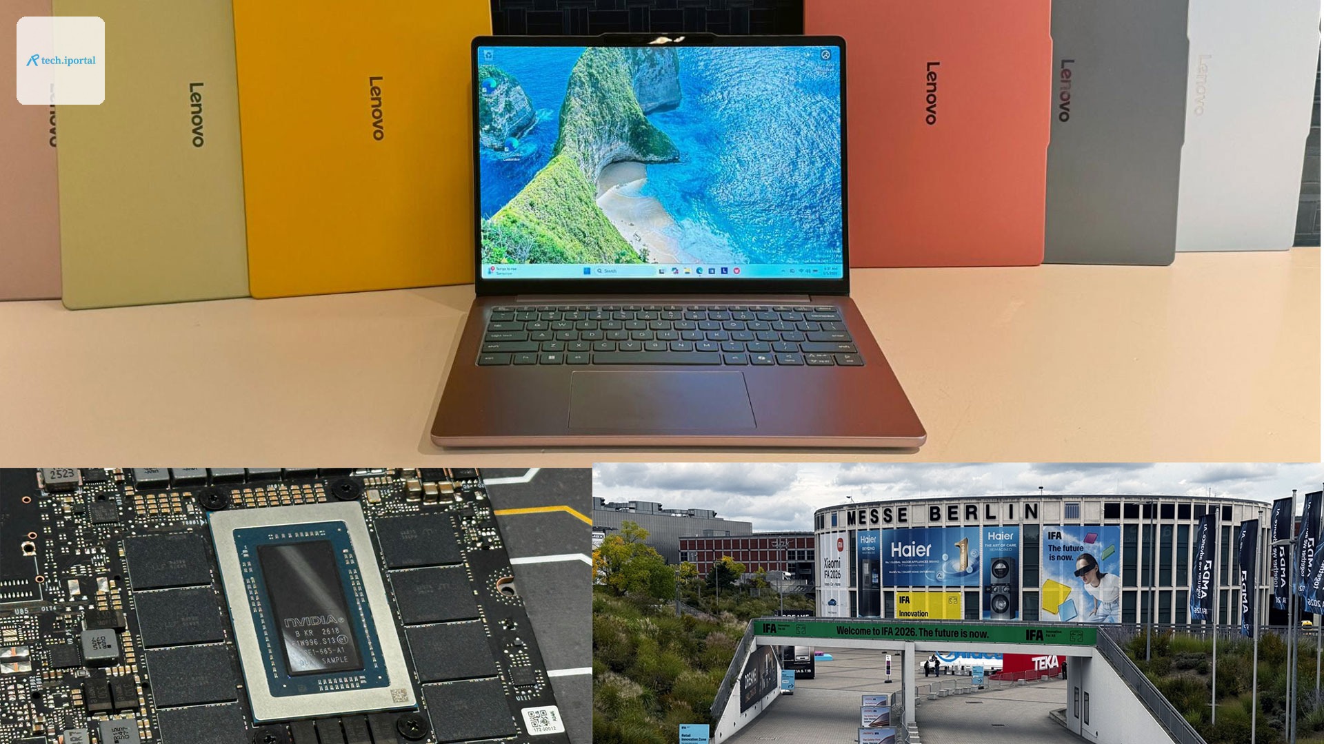 Collage of Laptops, the IFA logo, and the RTX Spark chip.