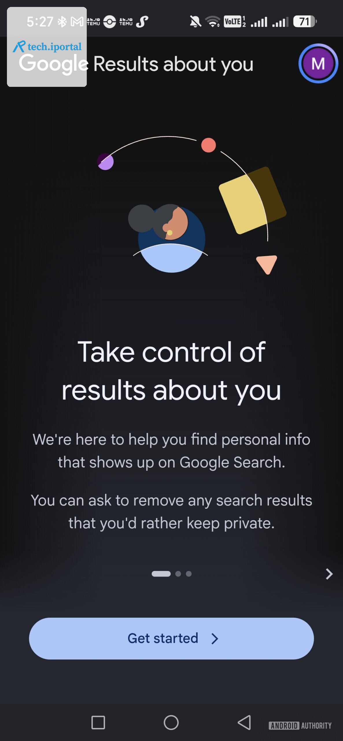 the google results about you start page