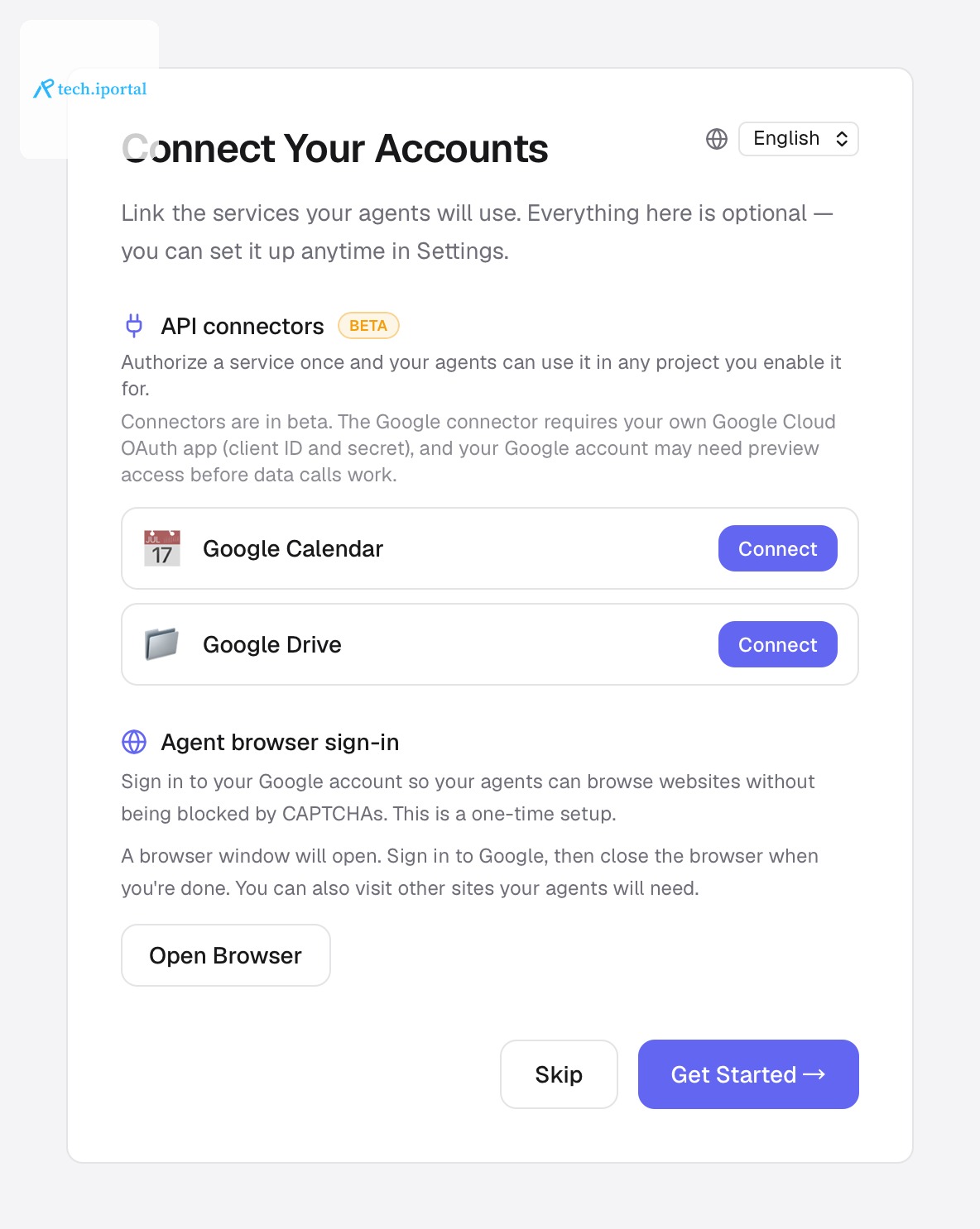 Setup wizard step 2: connect accounts — API connectors and agent browser sign-in