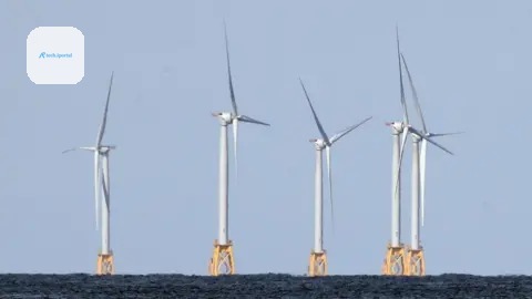 Getty Images Five wind turbines mounted on yellow metal structures embedded into the sea bed at the Block Island Wind Farm off the coast of Block Island, RI.