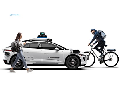 White Waymo self-driving car with a pedestrian walking on the left and a cyclist riding on the right.