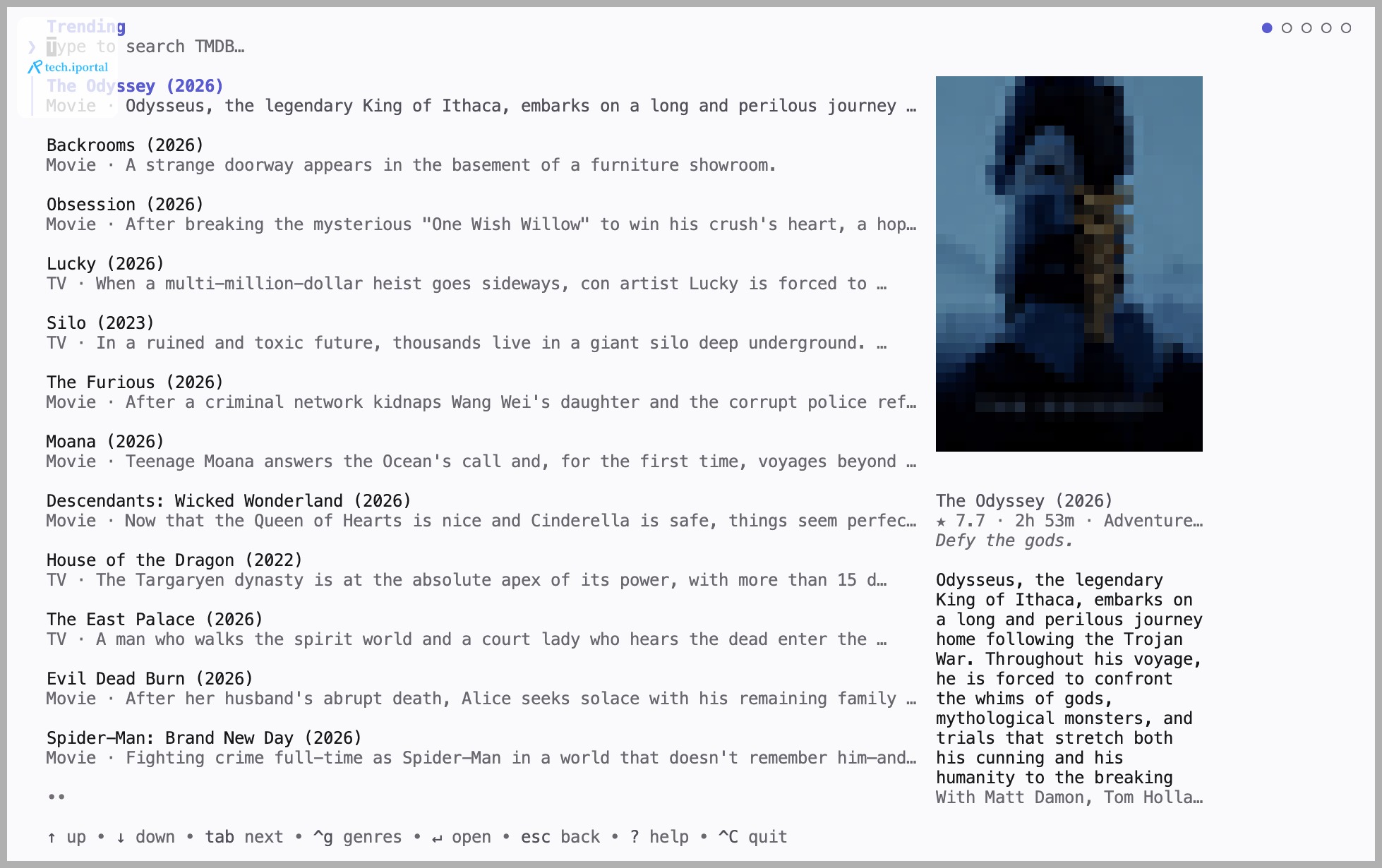 Browsing TMDB titles in the castor TUI