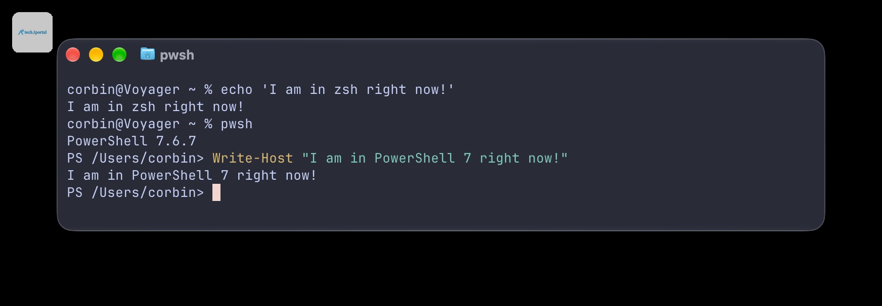 A Terminal window running an echo command in ZSH and PowerShell