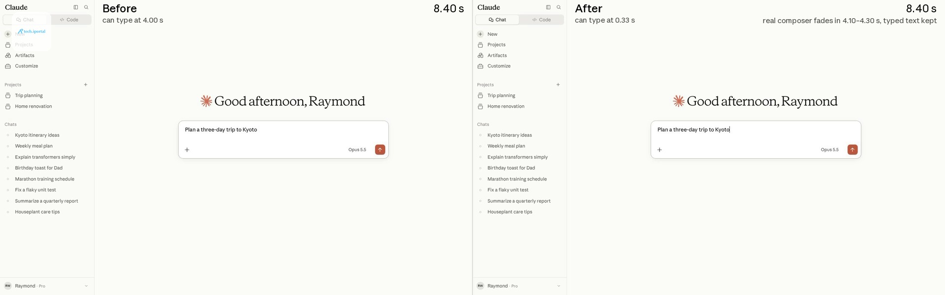 Side-by-side recording of a fresh load of claude.ai. Before, the page stays blank and the composer takes input at 4.00 seconds. After, a static greeting and composer take input at 0.33 seconds; the us