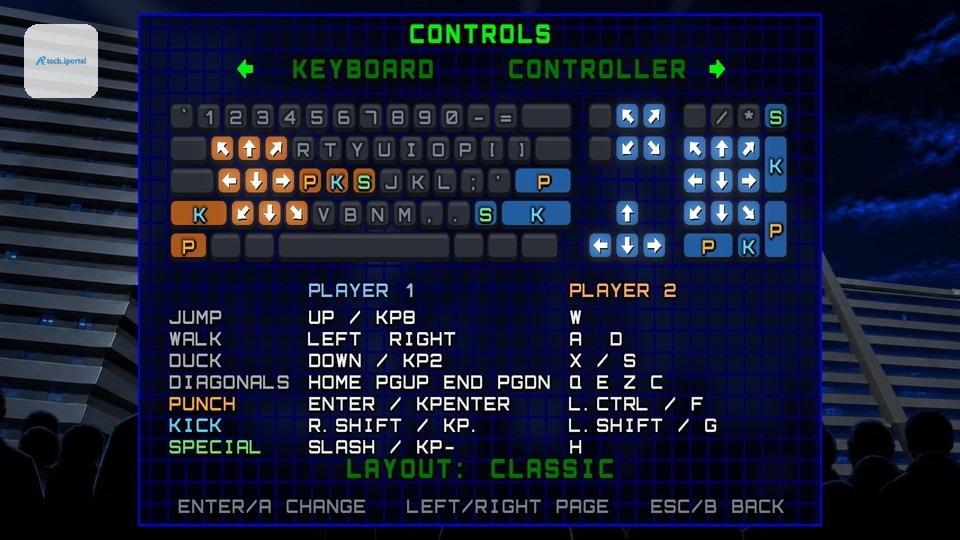 The controls screen: every action on the keyboard for both players