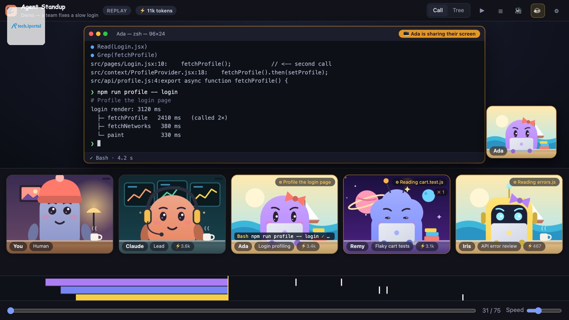An agent sharing its terminal with real command output