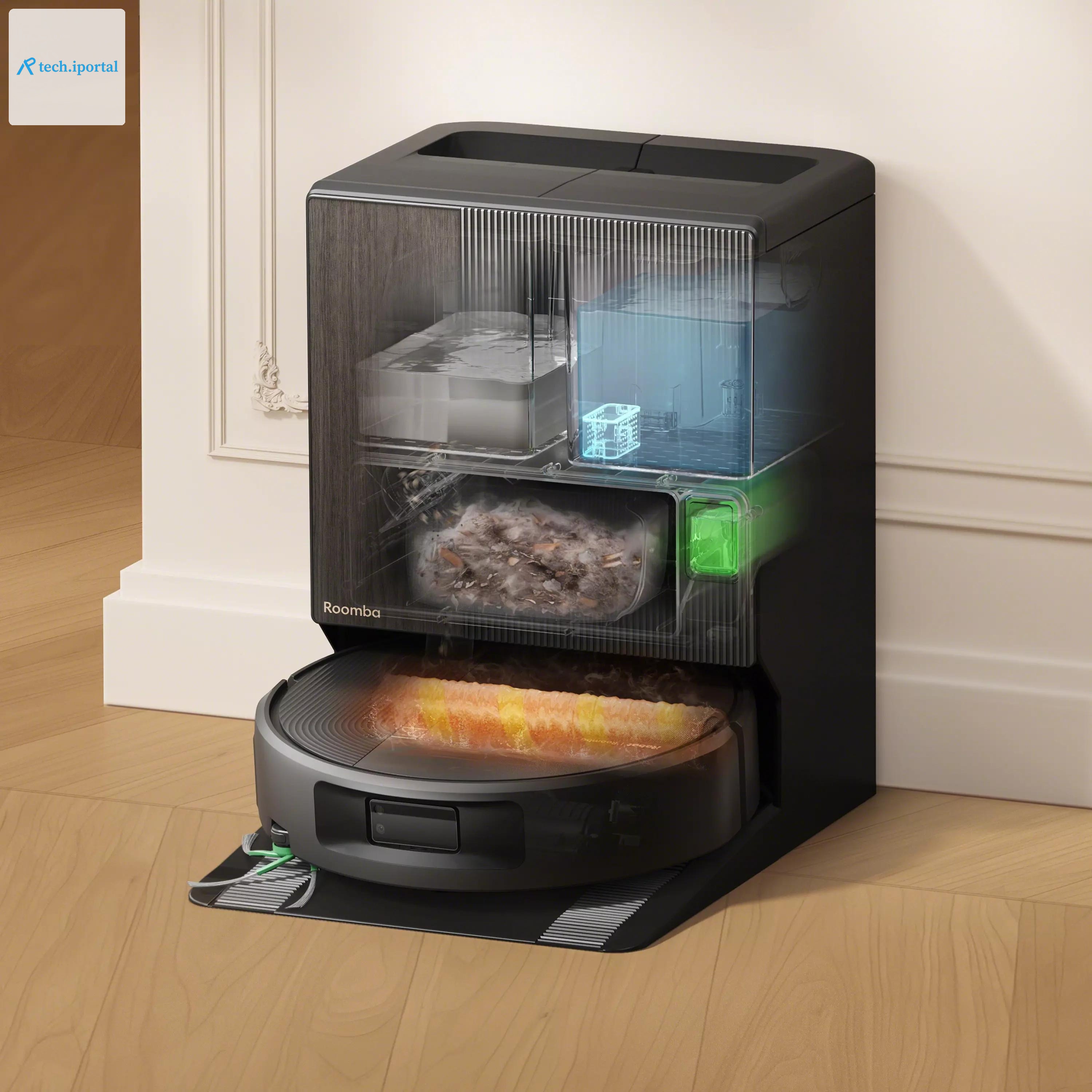 <em>The auto wash dock empties the bin and cleans and dries the mop.</em>