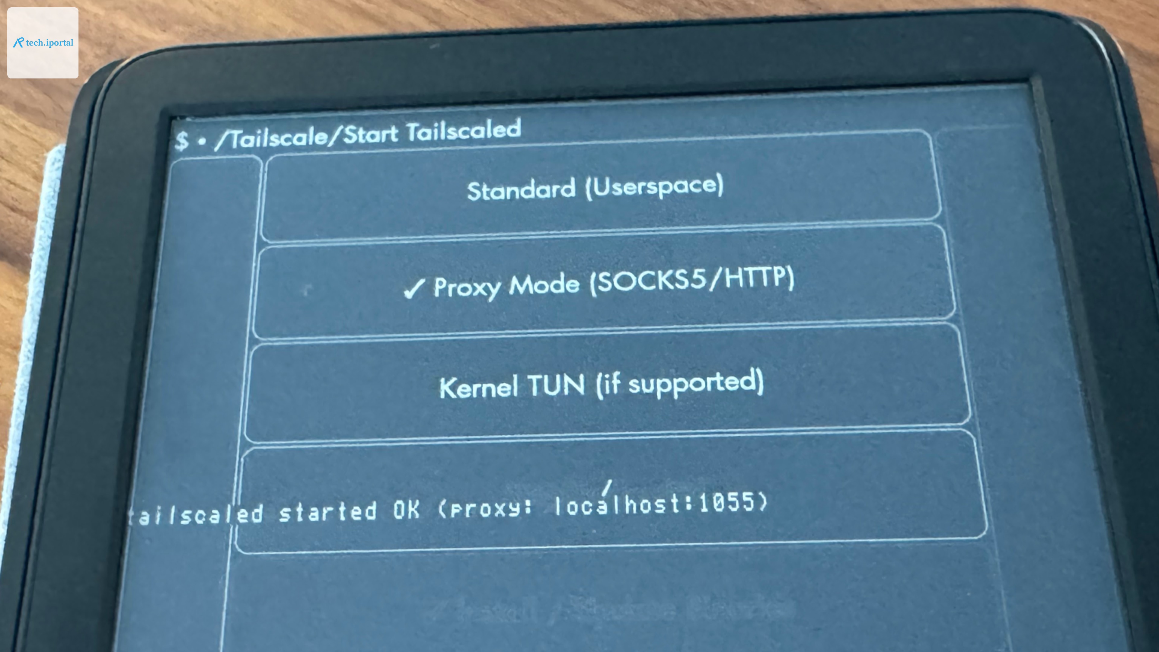 An Amazon Kindle, open to the Tailscale KUAL plug-in, showing three modes: "Standard (Userspace)," "Proxy Mode (SOCKS5/HTTP)," and "Kernel TUN (if supported)". Proxy mode is selected; inlaid text on t