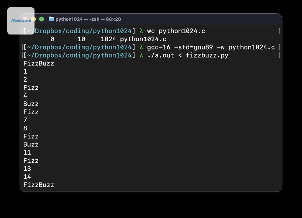 A screenshot of a terminal checking the byte length of the golfed code, compiling it, and running fizzbuzz with it.