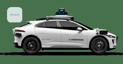 Side profile of a white Waymo autonomous car with roof-mounted lidar and side sensors.