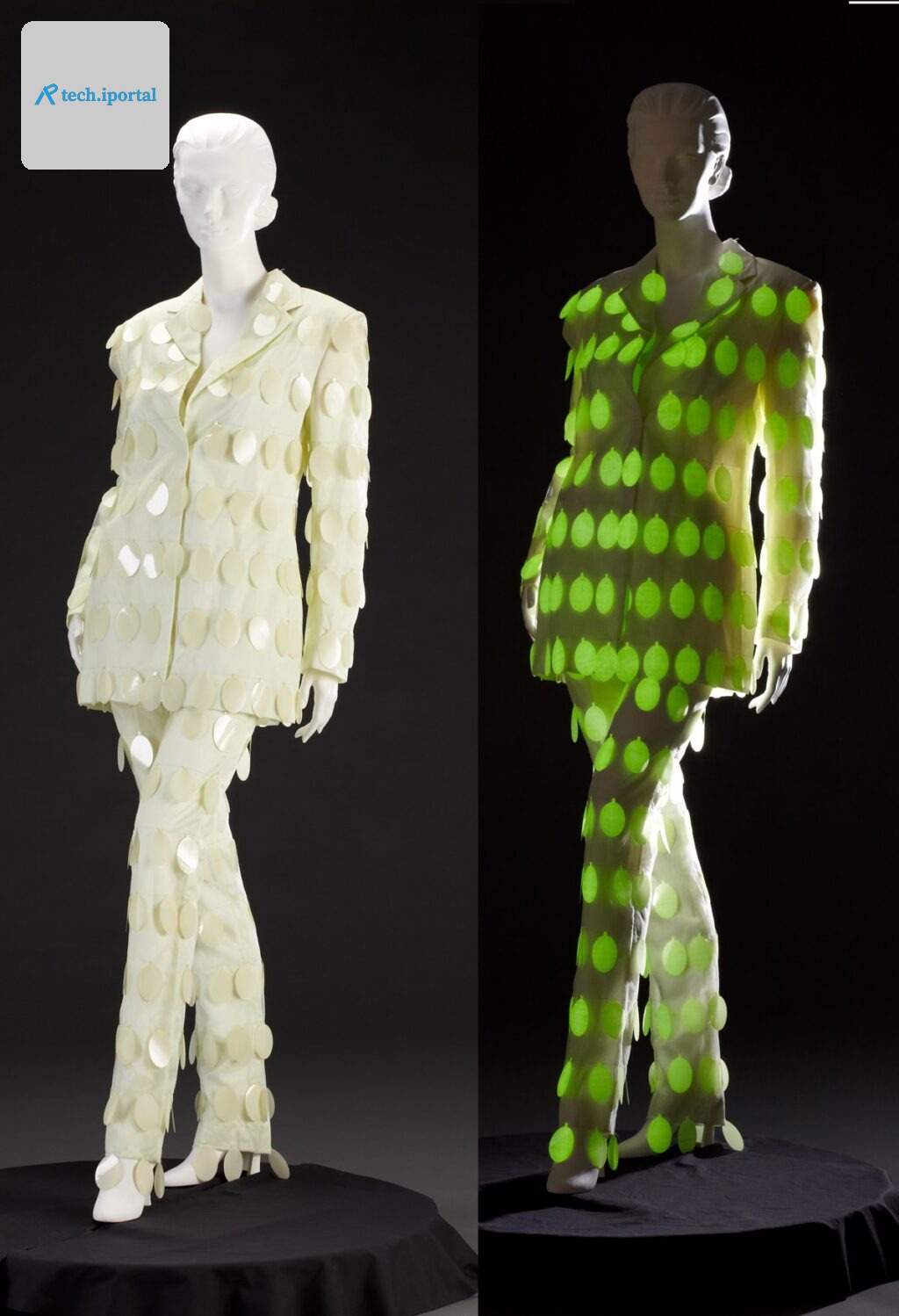 A pantsuit adorned with phosphorescent paillettes appears white in normal, visible light but glows green in the dark.
