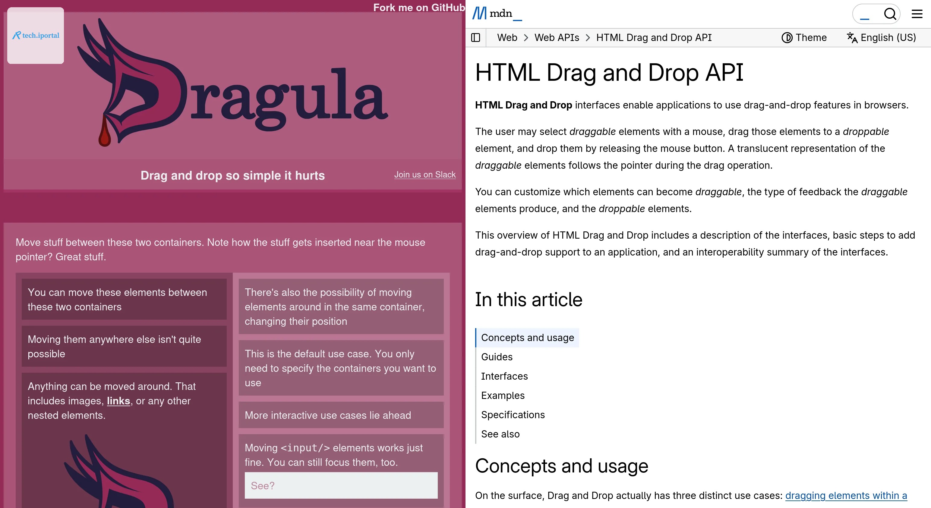 Screenshot of the Dragula website saying "drag and drop so simple it hurts" with a logo and stylized purple page versus the MDN page for the Drag and Drop API which looks much more subdued in comparis