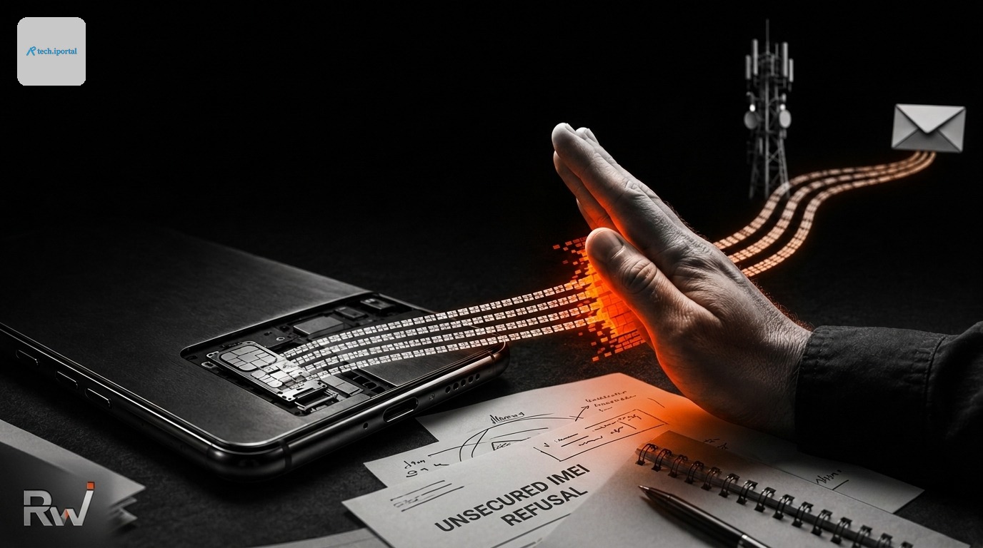 Digital data flow being intercepted or protected by a human hand, originating from a smartphone and heading towards a telecommunications tower and email symbol. (Digitally manipulated photorealistic i