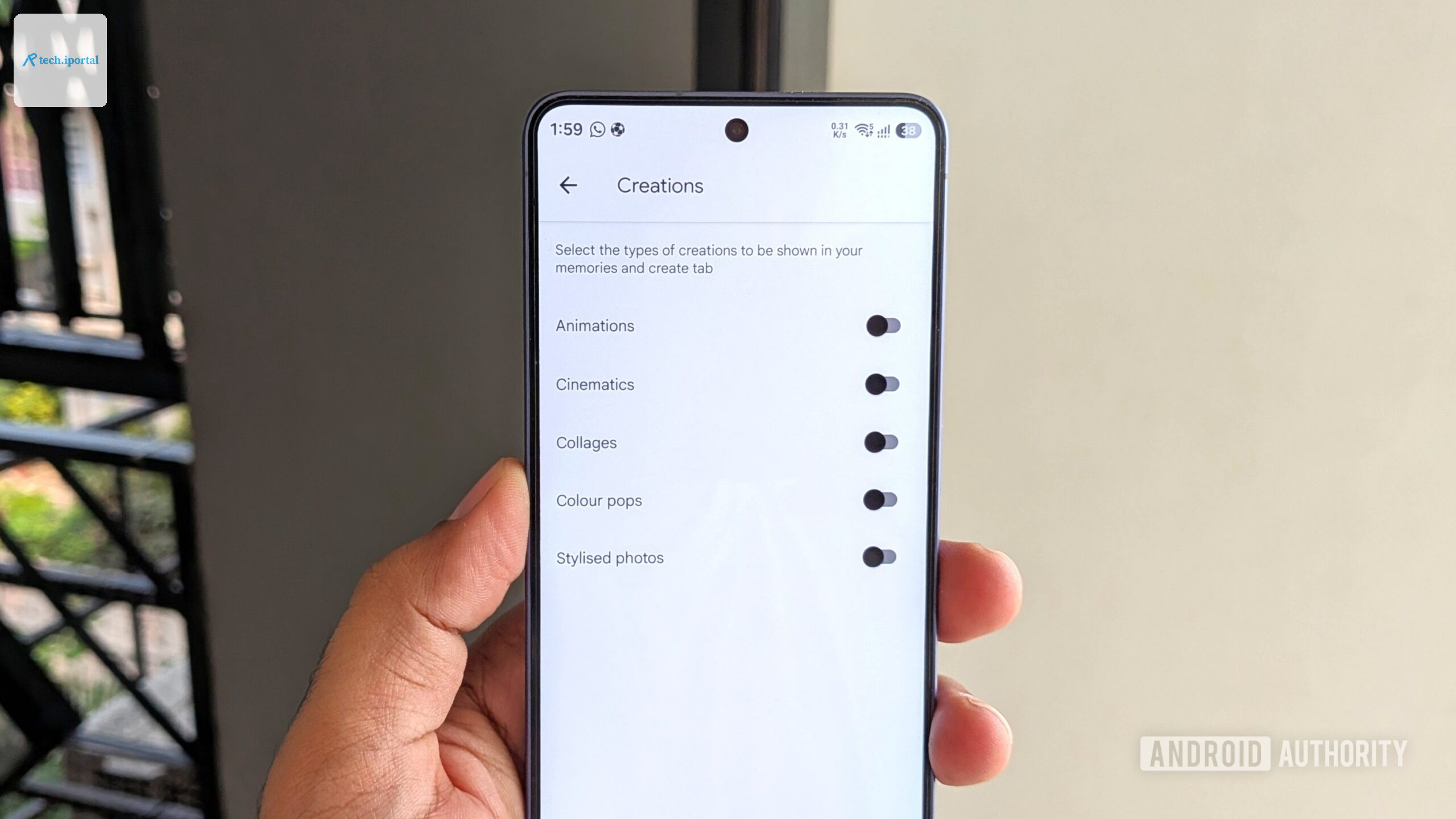 Google Photos Creations menu on phone