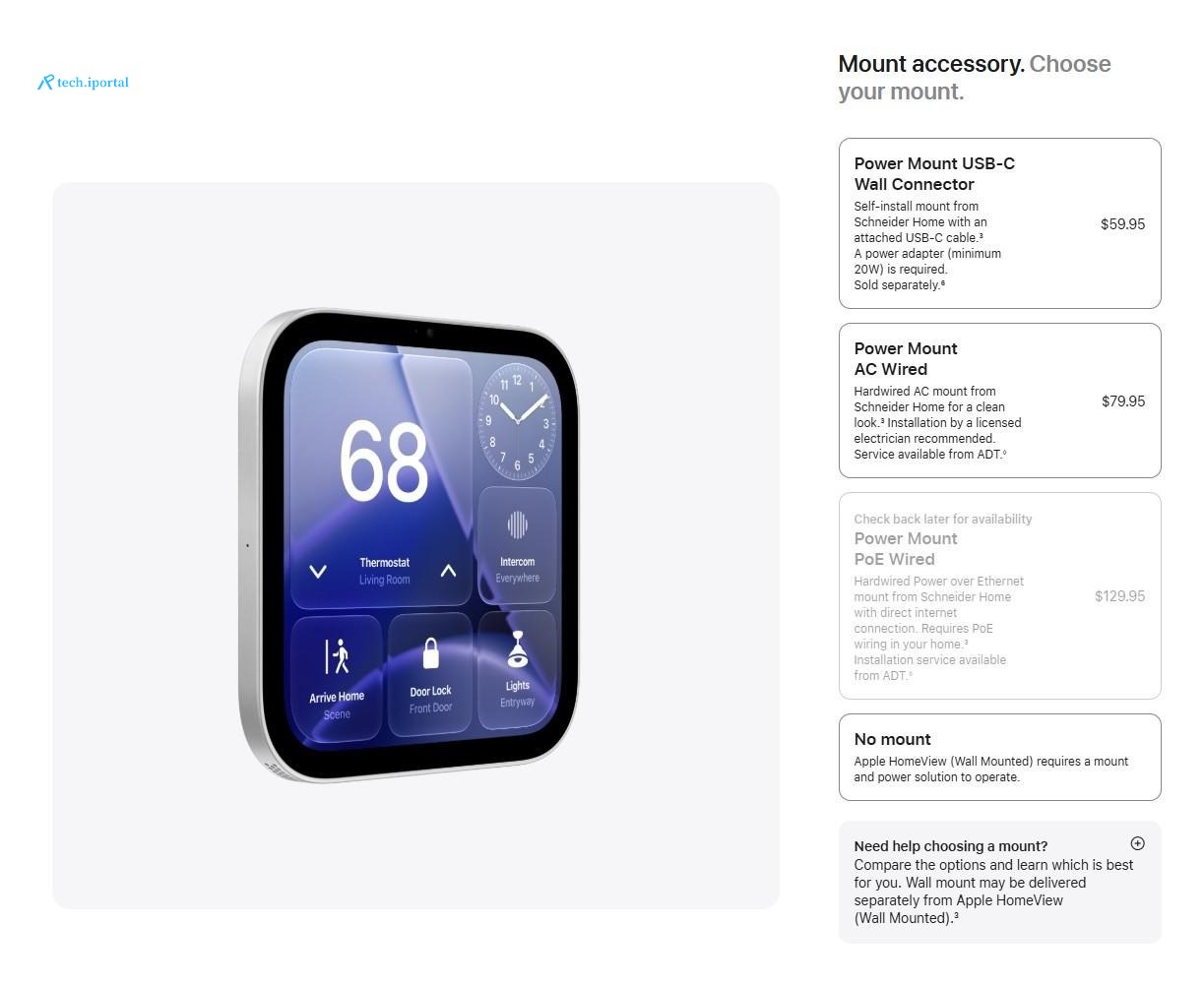 A screenshot taken from the Apple webstore showing the HomeView Wall Mounted mount options.