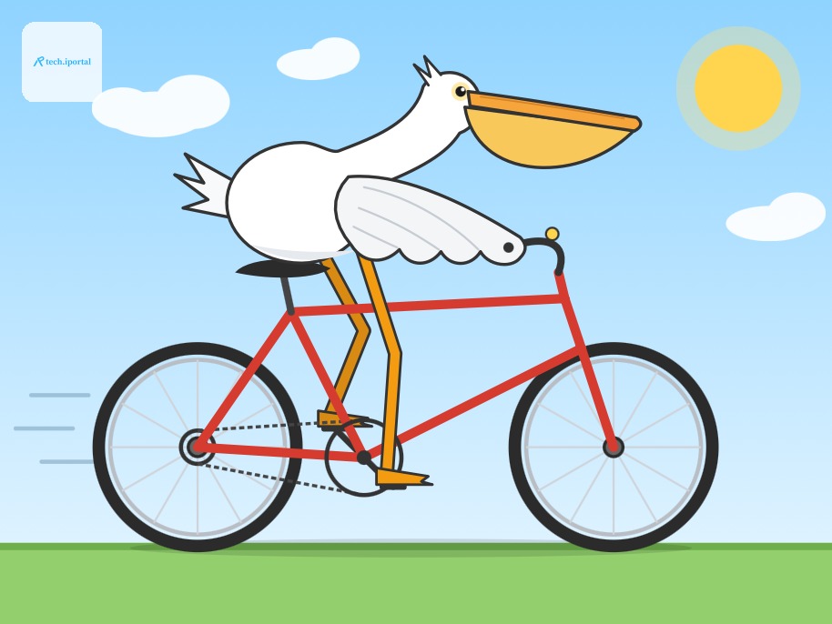 Minimalist flat illustration of a white pelican with an orange beak riding a black bicycle to the left, its orange legs pedaling, with motion lines behind it on a light blue background.