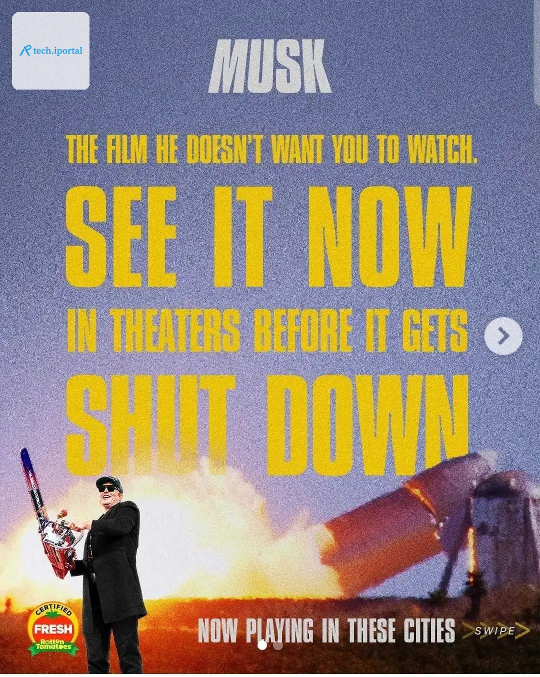 Promotional post for Alex Gibney’s Musk documentary suggesting you “see it now … before it gets shutdown.”