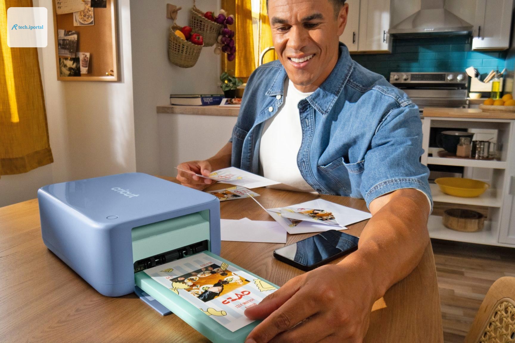 A person removes a print from the Cricut StickerPix Print plus Cut crafting machine being used on a kitchen table.