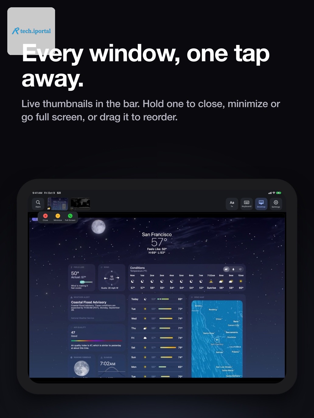 "Every window, one tap away." On an iPad held sideways, a window's thumbnail held in Sill's bar shows Close, Minimize and Full Screen.