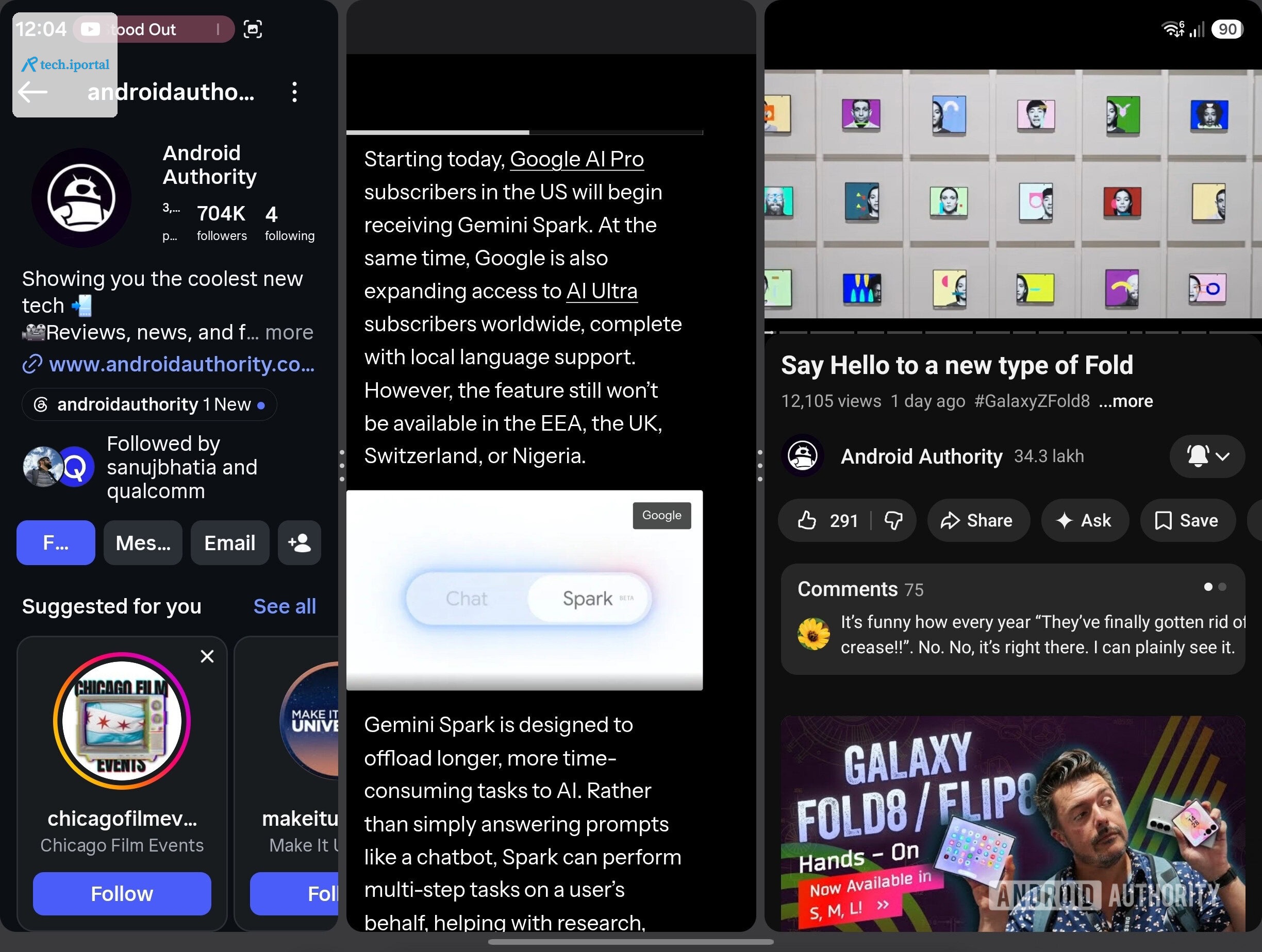 Galaxy Z Fold 8 three apps vertical split