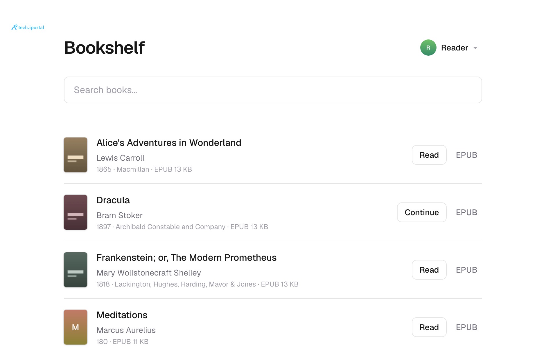 The shelf: a searchable list of books with covers, a profile switcher, and a Continue button on the book being read