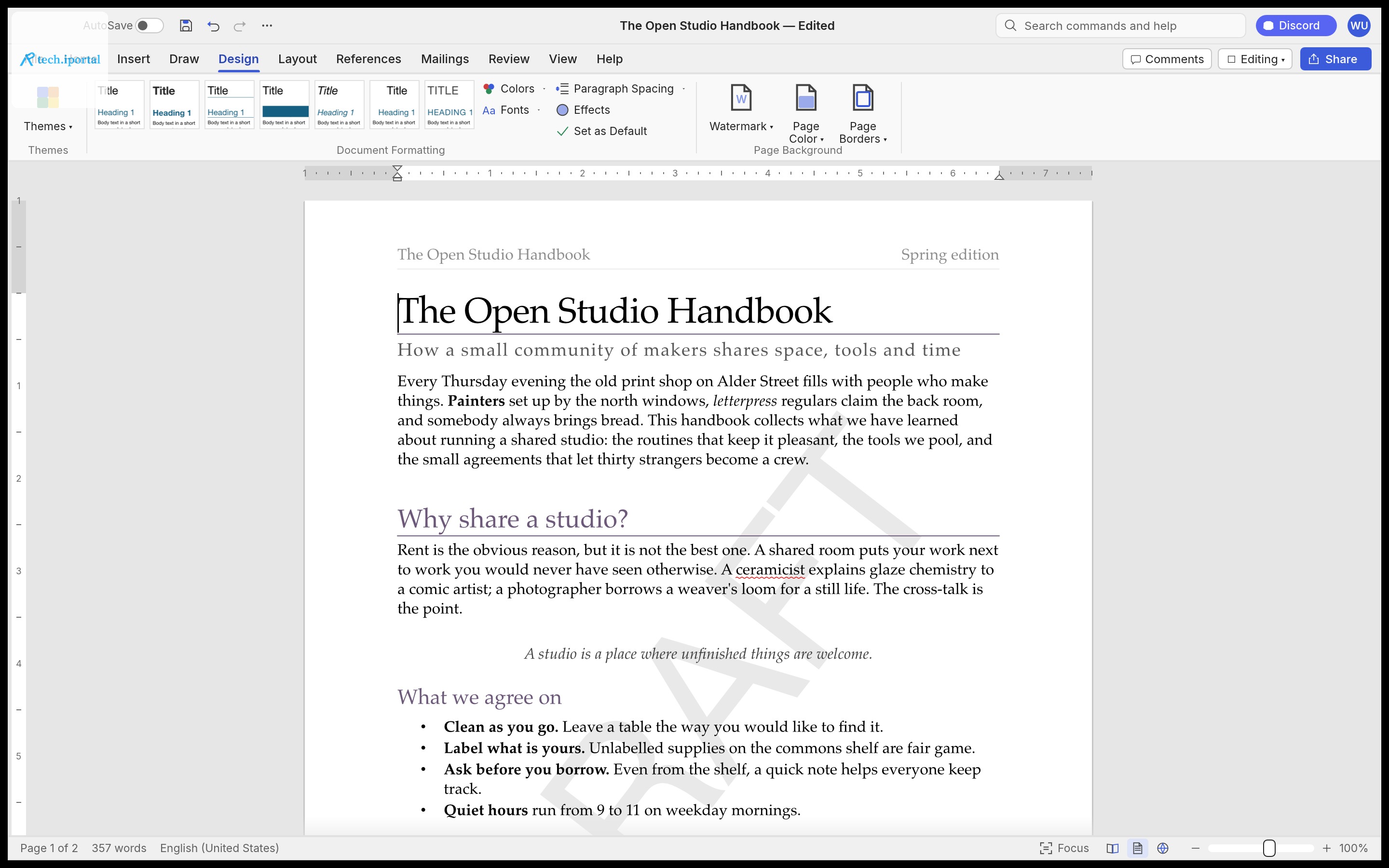 The Design tab showing style-set previews; the document is set in a serif theme with plum headings underlined by thin rules and a pale diagonal DRAFT watermark behind the text