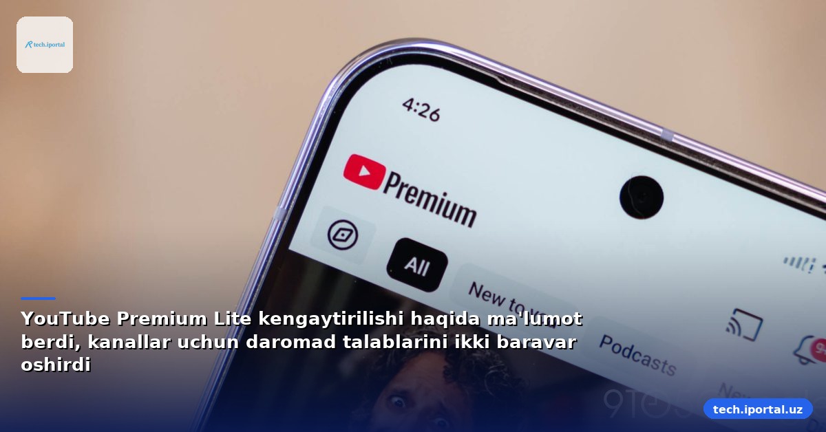 YouTube Premium Lite kengaytirilishi haqida ma'lumot berdi, kanallar uchun daromad talablarini ikki baravar oshirdi