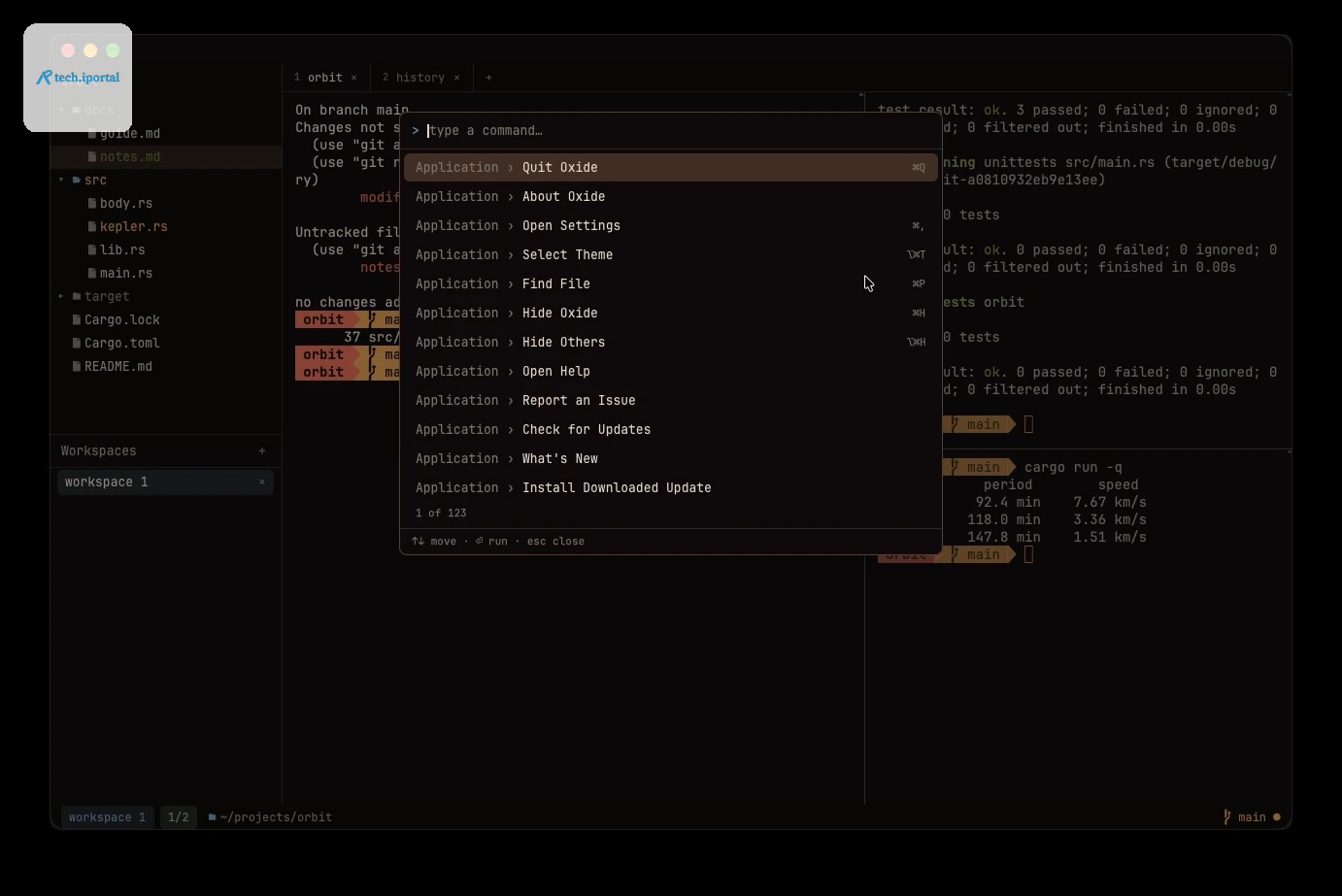The command palette listing every action, each with its key binding