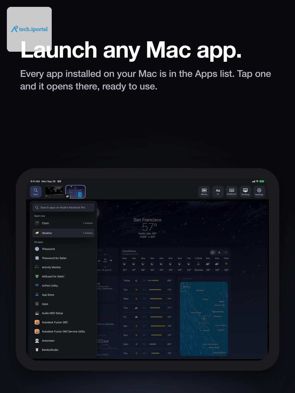 "Launch any Mac app." Sill's Apps list on an iPad held sideways, with a search field, the apps open now and every app installed on the Mac.