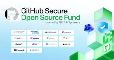 A decorative header image showing GitHub Secure Open Source Fund, powered by GitHub Sponsors. Logos below are: Alfred P. Sloan Foundation, American Express, chainguard, Datadog, herdevs, Kraken, Micro