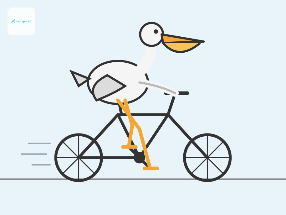 Minimalist flat illustration of a white pelican with an orange beak riding a black bicycle to the left, its orange legs pedaling and wings gripping the handlebars, with motion lines behind on a light