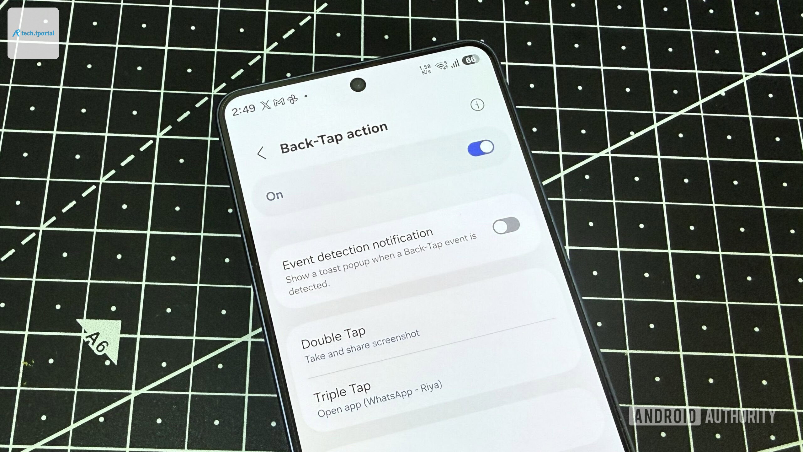 Samsung phone showing back tap settings inside RegiStar module