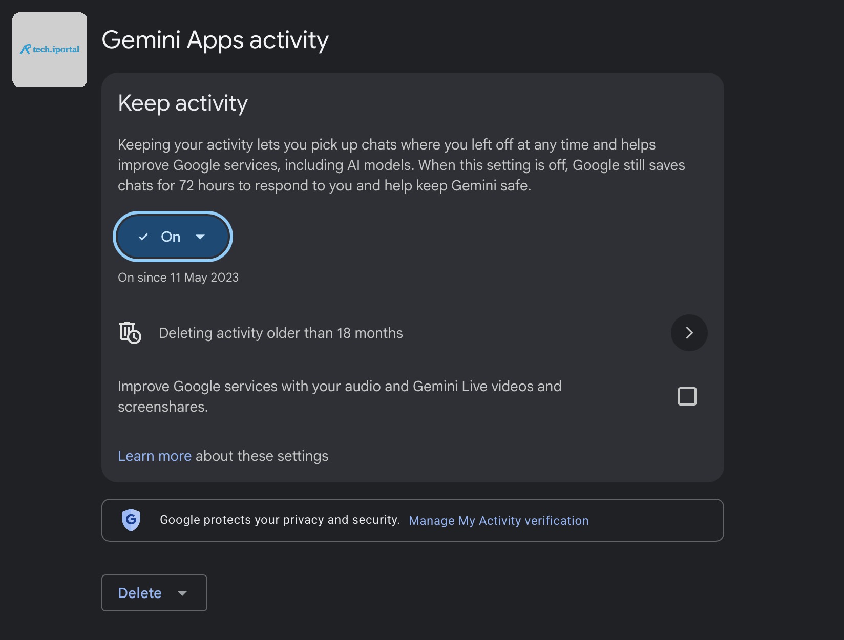 Gemini Apps activity turned on