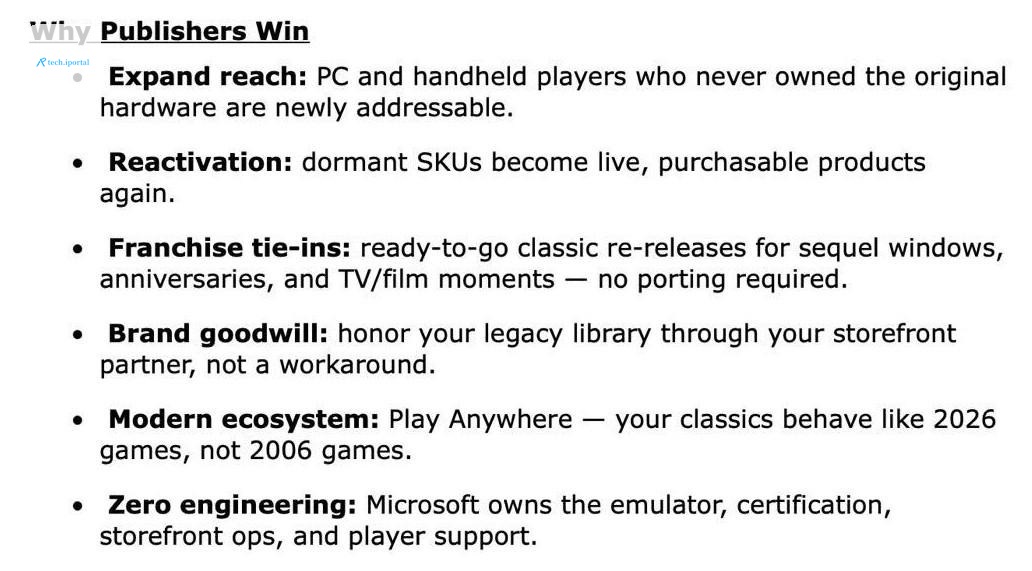 It reads “Why publishers win” and the reasons include “expand reach” “reactivation” “franchise tie-ins” “brand goodwill”, “modern ecosystem” and “zero engineering.”