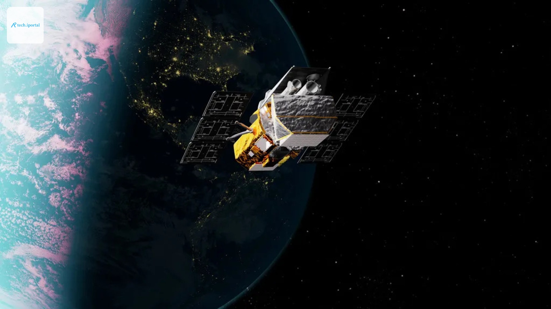 A yellow spacecraft hovers over the Earth in low-Earth orbit