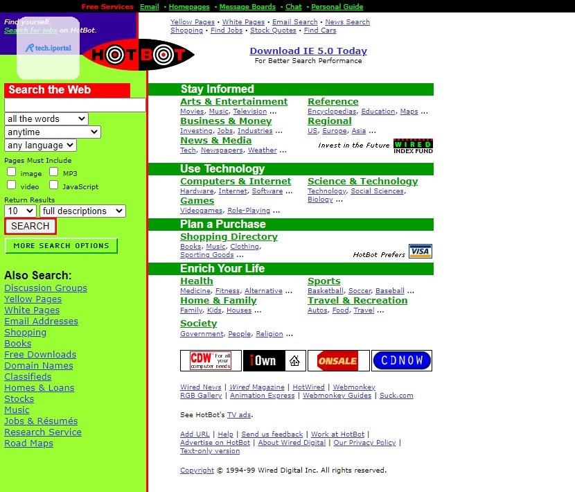 A mostly green old-fashioned website with left-hand navigation