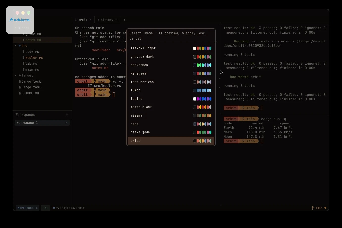 The theme picker listing presets with colour swatches, the window repainted in the selected omnipty theme