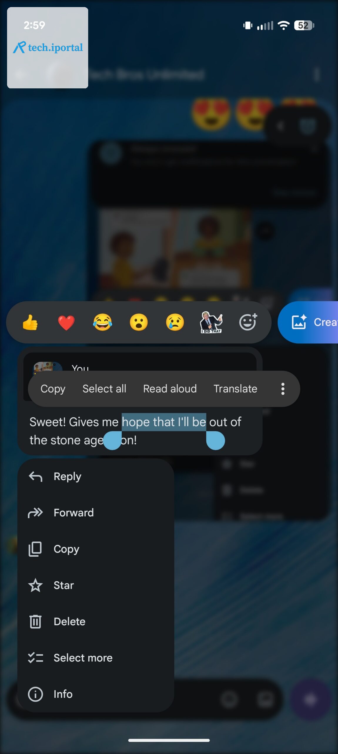Google Messages Floating context menu and selective text copying